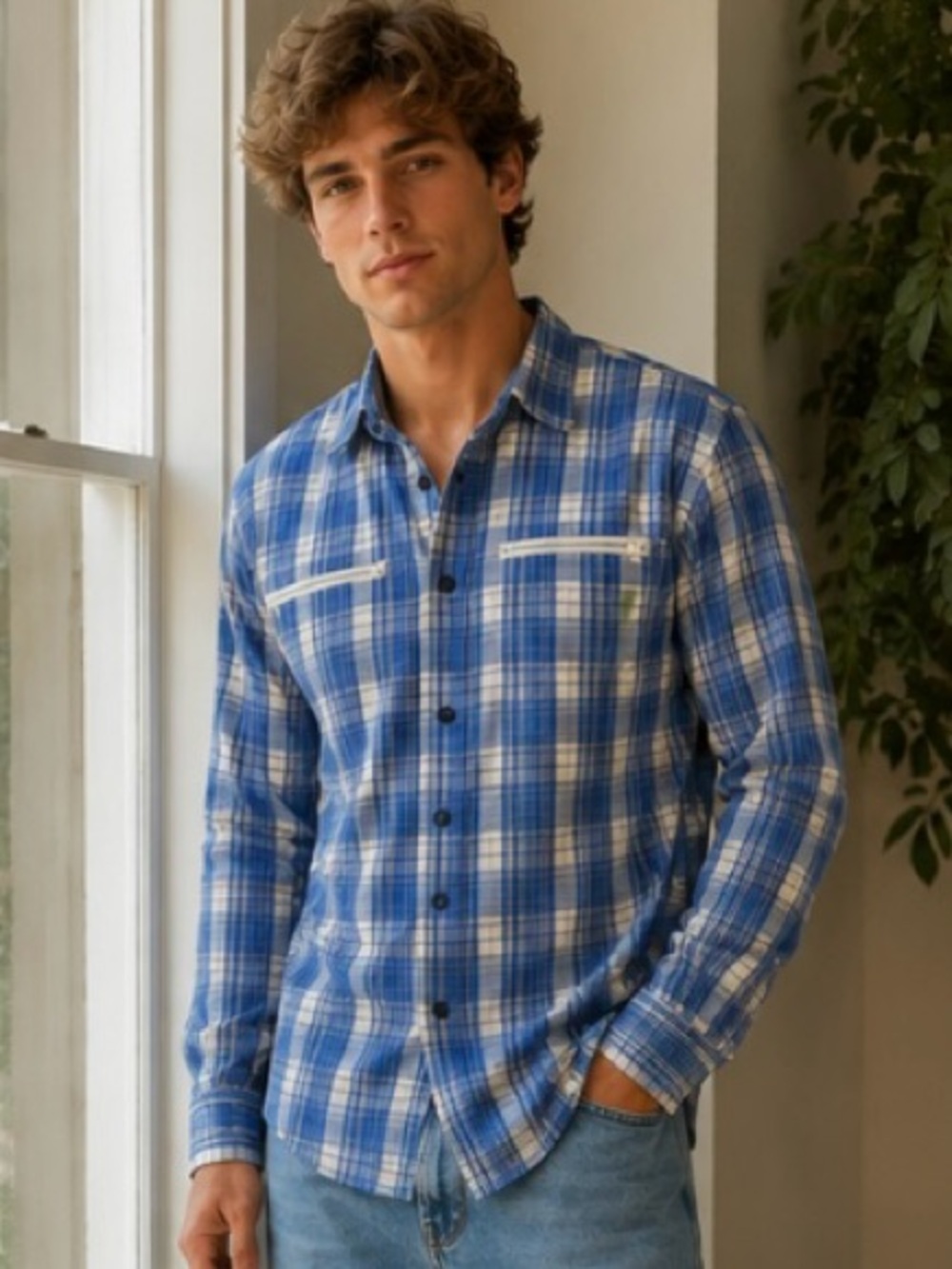 Ecko Unlimited Blue and White Plaid Button Down Shirt